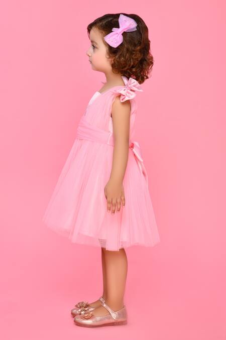Saka Designs_Pink Polyester Bows Flared Dress_Online_at_Aza_Fashions