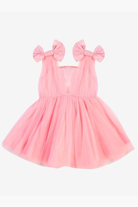 Saka Designs_Pink Polyester Bows Flared Dress_at_Aza_Fashions