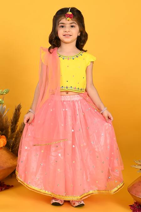 Saka Designs Yellow Cotton, Silk, Net Sequins Embroidered Butti Lehenga Set
