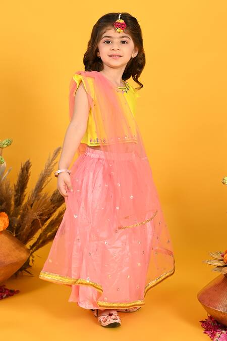 Saka Designs_Yellow Cotton, Silk, Net Sequins Embroidered Butti Lehenga Set_Online_at_Aza_Fashions