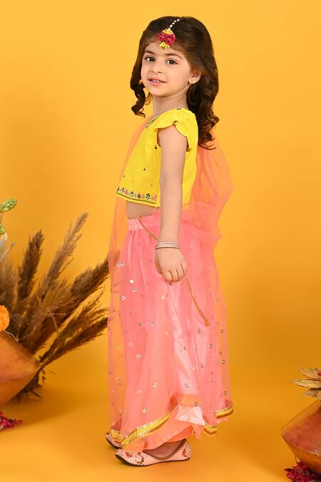 Buy_Saka Designs_Yellow Cotton, Silk, Net Sequins Embroidered Butti Lehenga Set_Online_at_Aza_Fashions