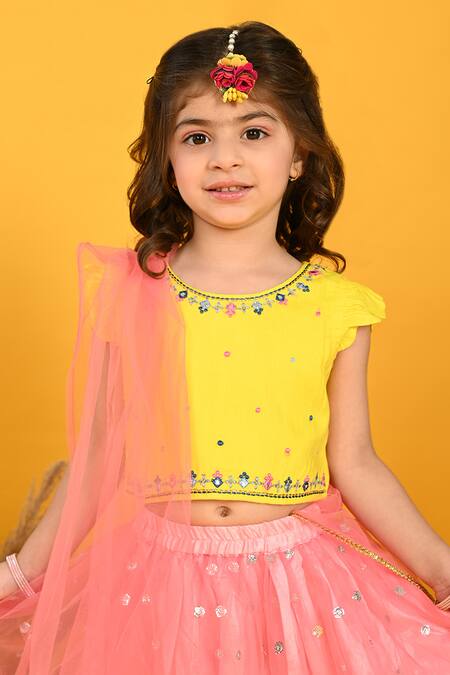 Shop_Saka Designs_Yellow Cotton, Silk, Net Sequins Embroidered Butti Lehenga Set_Online_at_Aza_Fashions