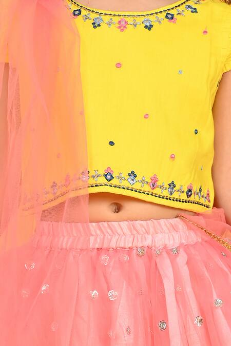 Saka Designs_Yellow Cotton, Silk, Net Sequins Embroidered Butti Lehenga Set_at_Aza_Fashions