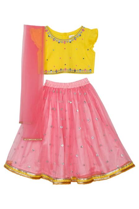 Shop_Saka Designs_Yellow Cotton, Silk, Net Sequins Embroidered Butti Lehenga Set