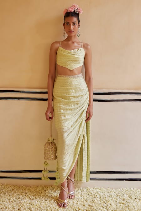 Punit Balana Green Satin, Silk Embroidery, Zari Cowl Neck Cape And Draped Skirt Set Online at Aza Fashions Punit Balana_Green Satin, Silk Embroidery, Zari Cowl Neck Cape And Draped Skirt Set _Online_at_Aza_Fashions