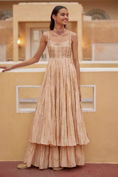 Punit Balana_Gold Chanderi Silk, Organza Gota Patti, Floral Print Anarkali Gharara Set _Online_at_Aza_Fashions