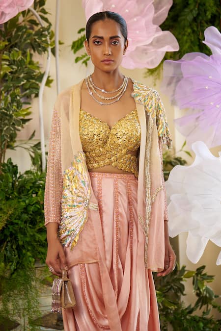 Buy Moledro Rose Gold Cotton, Silk Sequins, Beads, Amber Embroidered Cape Draped Skirt Set Online at Aza Fashions Buy_Moledro_Rose Gold Cotton, Silk Sequins, Beads, Amber Embroidered Cape Draped Skirt Set _Online_at_Aza_Fashions