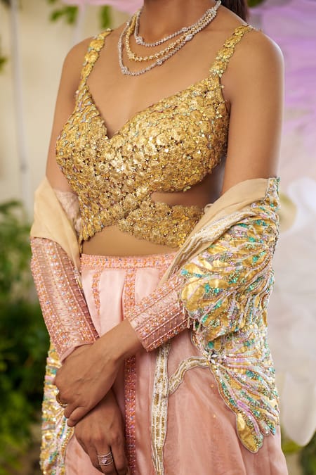 Shop Moledro Rose Gold Cotton, Silk Sequins, Beads, Amber Embroidered Cape Draped Skirt Set Online at Aza Fashions Shop_Moledro_Rose Gold Cotton, Silk Sequins, Beads, Amber Embroidered Cape Draped Skirt Set _Online_at_Aza_Fashions