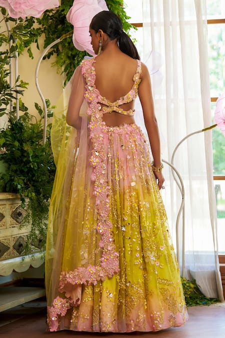 Shop_Moledro_Yellow Organza, Net Sequins, Beads, Cut Work, Amora Ombre Lehenga Set _at_Aza_Fashions