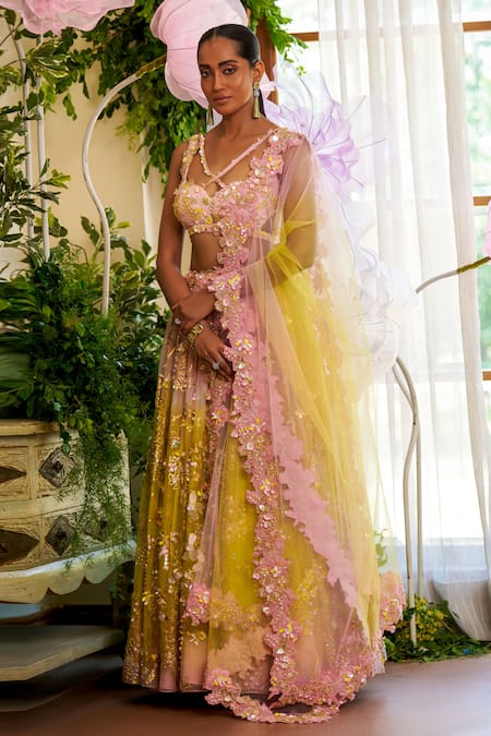 Moledro_Yellow Organza, Net Sequins, Beads, Cut Work, Amora Ombre Lehenga Set _Online_at_Aza_Fashions
