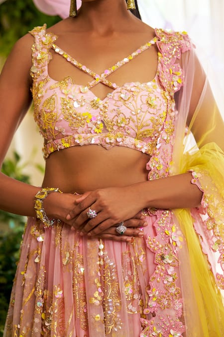 Shop_Moledro_Yellow Organza, Net Sequins, Beads, Cut Work, Amora Ombre Lehenga Set _Online_at_Aza_Fashions
