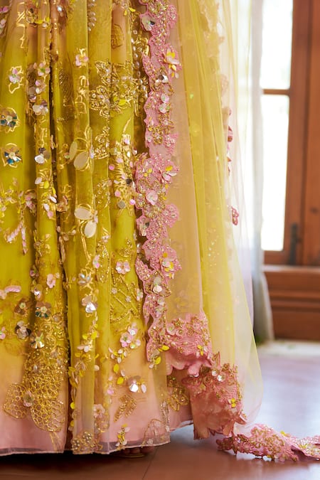 Moledro_Yellow Organza, Net Sequins, Beads, Cut Work, Amora Ombre Lehenga Set _at_Aza_Fashions