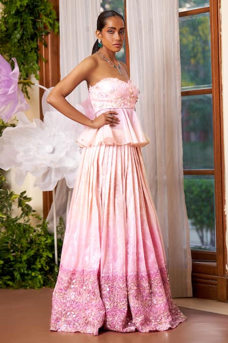 Shop Moledro Yellow Organza, Brocade Sequins, Beads, Embroidered Lehenga Peplum Blouse Set at Aza Fashions Shop_Moledro_Yellow Organza, Brocade Sequins, Beads, Embroidered Lehenga Peplum Blouse Set _at_Aza_Fashions