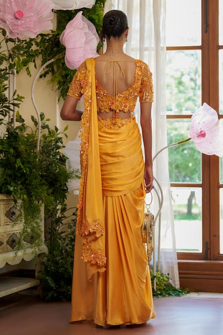 Shop Moledro Orange Modal, Silk Satin Sequins, Beads, Azara Pre-draped Saree With Blouse at Aza Fashions Shop_Moledro_Orange Modal, Silk Satin Sequins, Beads, Azara Pre-draped Saree With Blouse _at_Aza_Fashions
