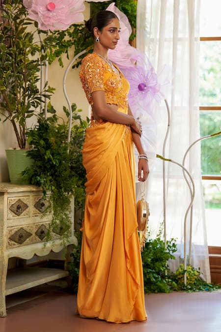 Moledro Orange Modal, Silk Satin Sequins, Beads, Azara Pre-draped Saree With Blouse Online at Aza Fashions Moledro_Orange Modal, Silk Satin Sequins, Beads, Azara Pre-draped Saree With Blouse _Online_at_Aza_Fashions
