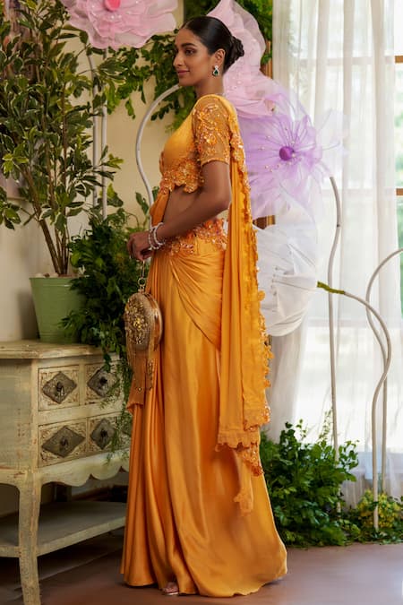 Buy Moledro Orange Modal, Silk Satin Sequins, Beads, Azara Pre-draped Saree With Blouse Online at Aza Fashions Buy_Moledro_Orange Modal, Silk Satin Sequins, Beads, Azara Pre-draped Saree With Blouse _Online_at_Aza_Fashions