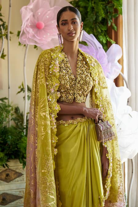 Moledro_Green Cotton, Silk Beads, Sequins Scoop Esma Embroidered Cape Draped Skirt Set _Online_at_Aza_Fashions