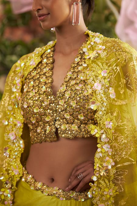 Buy_Moledro_Green Cotton, Silk Beads, Sequins Scoop Esma Embroidered Cape Draped Skirt Set _Online_at_Aza_Fashions