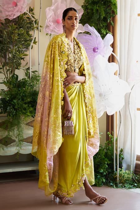 Shop_Moledro_Green Cotton, Silk Beads, Sequins Scoop Esma Embroidered Cape Draped Skirt Set _Online_at_Aza_Fashions