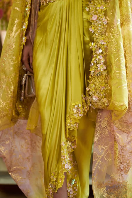 Moledro_Green Cotton, Silk Beads, Sequins Scoop Esma Embroidered Cape Draped Skirt Set _at_Aza_Fashions