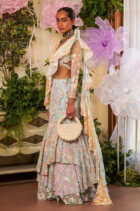 Moledro Blue Nylon, Organza Sequins, Beads, Ilsa Fish Cut Lehenga Saree And Blouse Set Online at Aza Fashions Moledro_Blue Nylon, Organza Sequins, Beads, Ilsa Fish Cut Lehenga Saree And Blouse Set _Online_at_Aza_Fashions