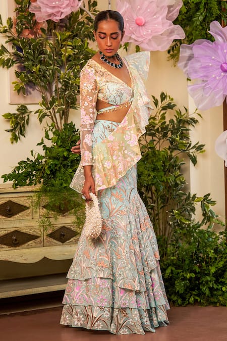 Shop Moledro Blue Nylon, Organza Sequins, Beads, Ilsa Fish Cut Lehenga Saree And Blouse Set Online at Aza Fashions Shop_Moledro_Blue Nylon, Organza Sequins, Beads, Ilsa Fish Cut Lehenga Saree And Blouse Set _Online_at_Aza_Fashions