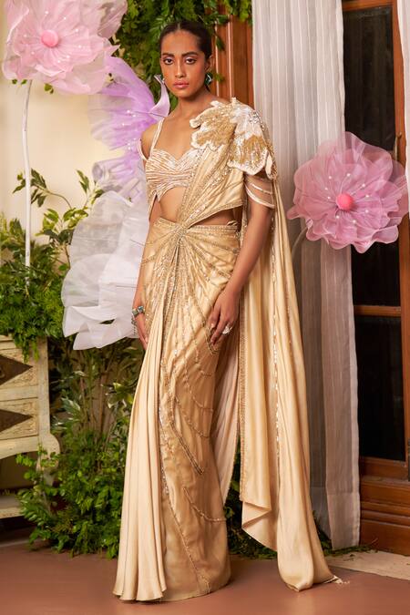 Buy Moledro Gold Organza, Modal, Silk Satin Leia Embroidered Pre-draped Saree And Blouse Set Online at Aza Fashions Buy_Moledro_Gold Organza, Modal, Silk Satin Leia Embroidered Pre-draped Saree And Blouse Set _Online_at_Aza_Fashions