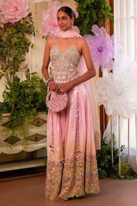 Moledro Pink Organza Sequins, Mirrors, Beads V-neck Luna Embroidered Blouse Sharara Set 