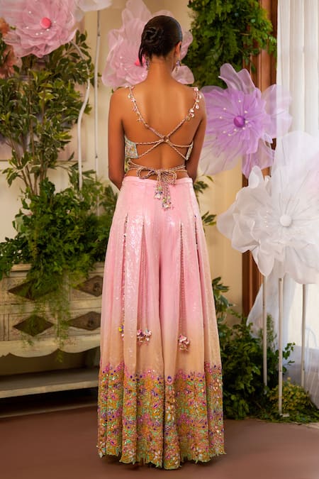 Shop Moledro Pink Organza Sequins, Mirrors, Beads V-neck Luna Embroidered Blouse Sharara Set at Aza Fashions Shop_Moledro_Pink Organza Sequins, Mirrors, Beads V-neck Luna Embroidered Blouse Sharara Set _at_Aza_Fashions