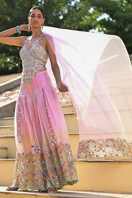 Moledro Pink Organza Sequins, Mirrors, Beads V-neck Luna Embroidered Blouse Sharara Set Online at Aza Fashions Moledro_Pink Organza Sequins, Mirrors, Beads V-neck Luna Embroidered Blouse Sharara Set _Online_at_Aza_Fashions