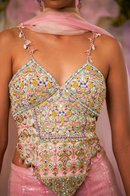 Moledro Pink Organza Sequins, Mirrors, Beads V-neck Luna Embroidered Blouse Sharara Set at Aza Fashions Moledro_Pink Organza Sequins, Mirrors, Beads V-neck Luna Embroidered Blouse Sharara Set _at_Aza_Fashions