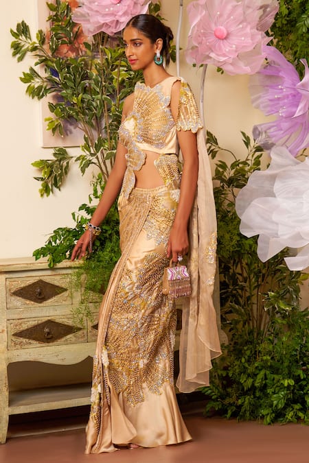 Buy_Moledro_Gold Modal, Silk Satin, Organza Maya Embroidered Pre-draped Saree And Blouse Set_Online_at_Aza_Fashions
