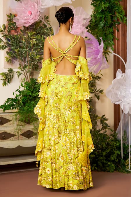 Shop_Moledro_Yellow Nylon, Organza, Net Embroidery, Sequins V-neck Oma Blouse And Sharara Set _at_Aza_Fashions