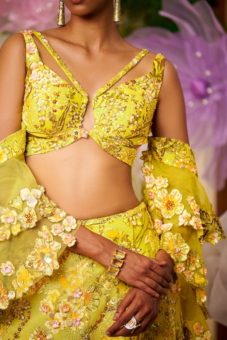 Moledro_Yellow Nylon, Organza, Net Embroidery, Sequins V-neck Oma Blouse And Sharara Set _Online_at_Aza_Fashions
