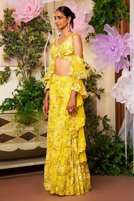 Buy_Moledro_Yellow Nylon, Organza, Net Embroidery, Sequins V-neck Oma Blouse And Sharara Set _Online_at_Aza_Fashions