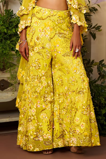 Moledro_Yellow Nylon, Organza, Net Embroidery, Sequins V-neck Oma Blouse And Sharara Set _at_Aza_Fashions