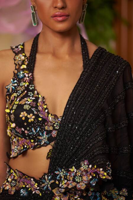 Buy_Moledro_Black Nylon, Organza, Modal, Silk Satin Rayna Pre-draped Saree And Blouse Set_Online_at_Aza_Fashions