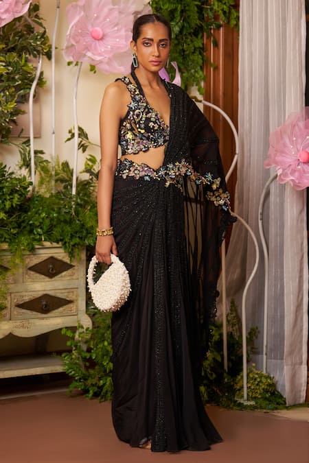 Shop_Moledro_Black Nylon, Organza, Modal, Silk Satin Rayna Pre-draped Saree And Blouse Set_Online_at_Aza_Fashions
