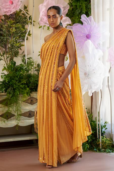 Moledro_Orange Net Sequins, Crystals, Rayna Embroidered Pre-draped Saree And Blouse Set_Online_at_Aza_Fashions