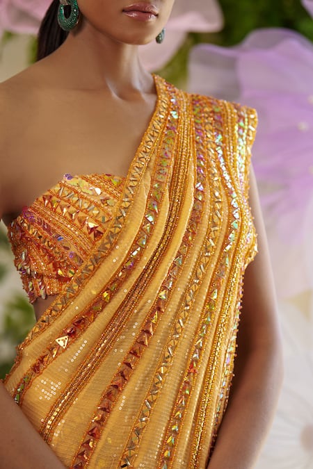 Shop_Moledro_Orange Net Sequins, Crystals, Rayna Embroidered Pre-draped Saree And Blouse Set_Online_at_Aza_Fashions