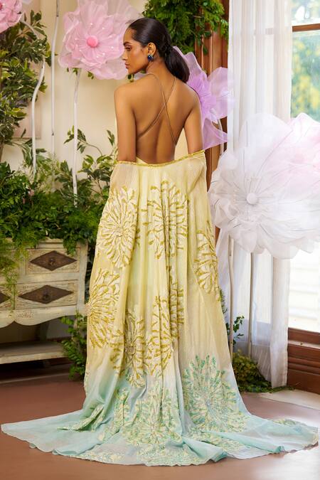 Shop_Moledro_Yellow Kaftan Nylon Organza Embroidered Sequin Zinnia Floral And Dress Set_at_Aza_Fashions