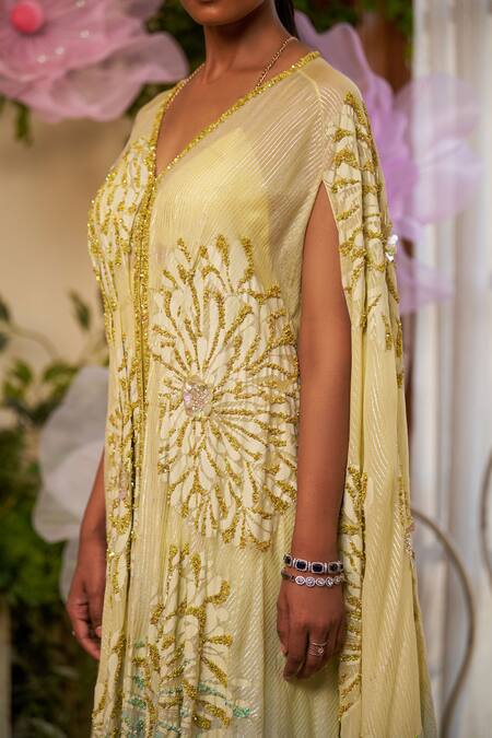 Buy_Moledro_Yellow Kaftan Nylon Organza Embroidered Sequin Zinnia Floral And Dress Set_Online_at_Aza_Fashions