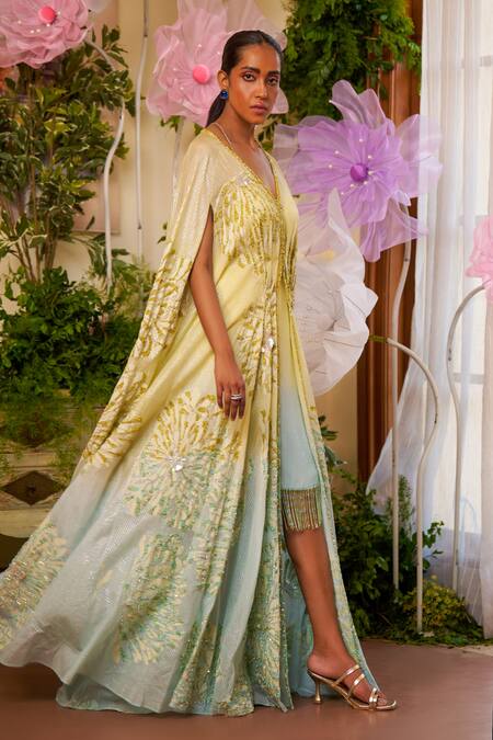 Shop_Moledro_Yellow Kaftan Nylon Organza Embroidered Sequin Zinnia Floral And Dress Set_Online_at_Aza_Fashions