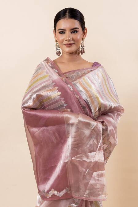 Buy_Taba Kashi By Artika Shah_Pink Tissue Striped Pattern Saree With Running Blouse _Online_at_Aza_Fashions