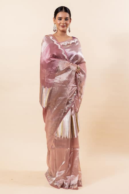 Shop_Taba Kashi By Artika Shah_Pink Tissue Striped Pattern Saree With Running Blouse _Online_at_Aza_Fashions