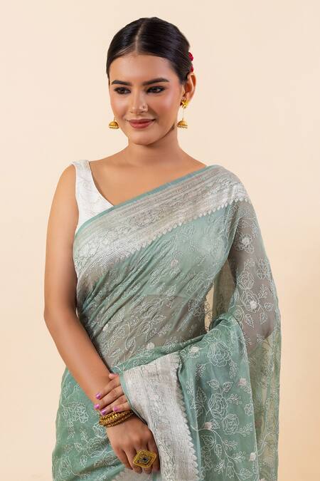 Taba Kashi By Artika Shah_Green Chiffon Thread Embroidered Saree With Running Blouse _Online_at_Aza_Fashions