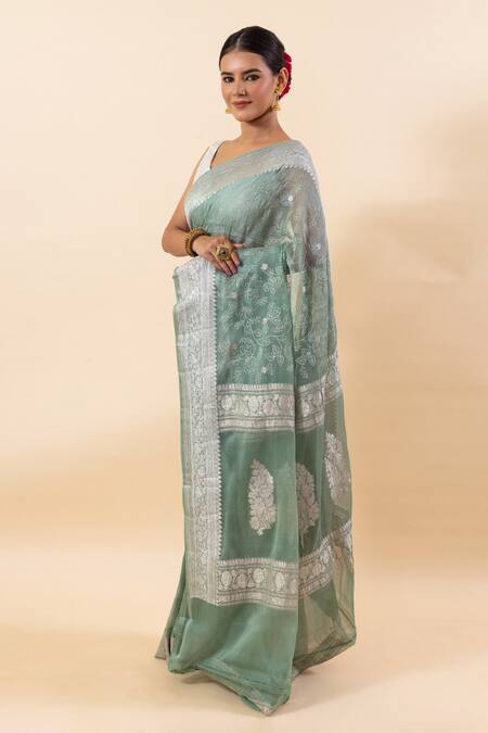 Buy_Taba Kashi By Artika Shah_Green Chiffon Thread Embroidered Saree With Running Blouse _Online_at_Aza_Fashions