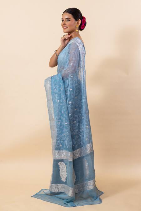 Shop_Taba Kashi By Artika Shah_Grey Chiffon Embroidered Saree With Running Blouse _Online_at_Aza_Fashions