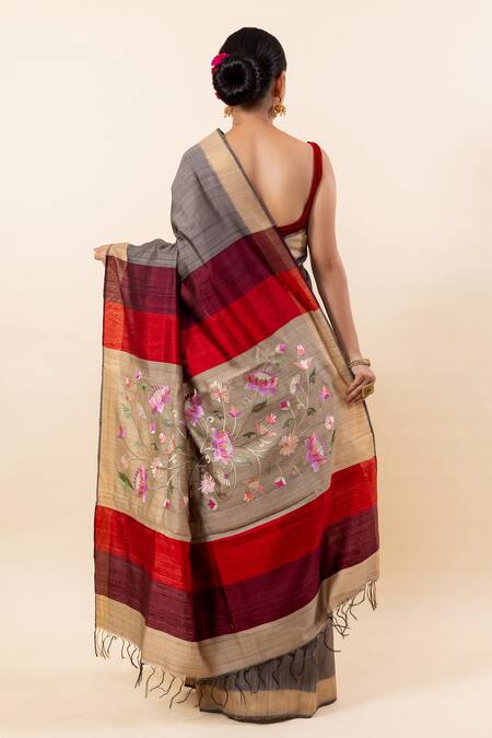 Shop Taba Kashi By Artika Shah Grey Tusser Floral Embroidered Saree With Running Blouse at Aza Fashions Shop_Taba Kashi By Artika Shah_Grey Tusser Floral Embroidered Saree With Running Blouse _at_Aza_Fashions