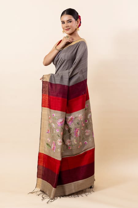 Taba Kashi By Artika Shah Grey Tusser Floral Embroidered Saree With Running Blouse Online at Aza Fashions Taba Kashi By Artika Shah_Grey Tusser Floral Embroidered Saree With Running Blouse _Online_at_Aza_Fashions